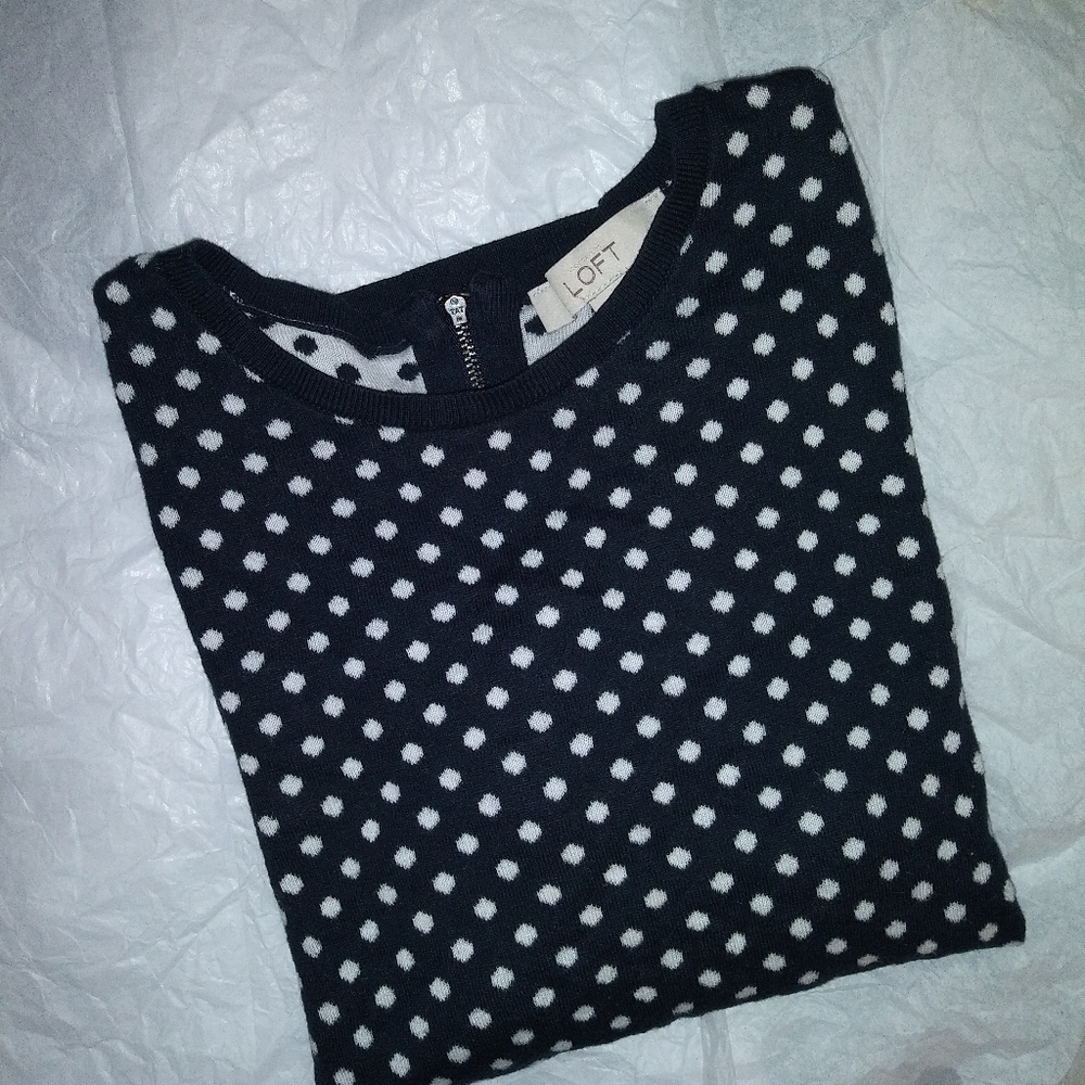 LOFT | Polka Dot Crewneck Back Zip  Sweater Size Small Navy & White